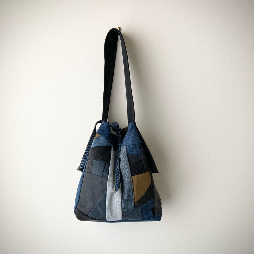 origami boro dumpling bag patchwork color block hobo tote denim jean joodito - Picture 2 of 9